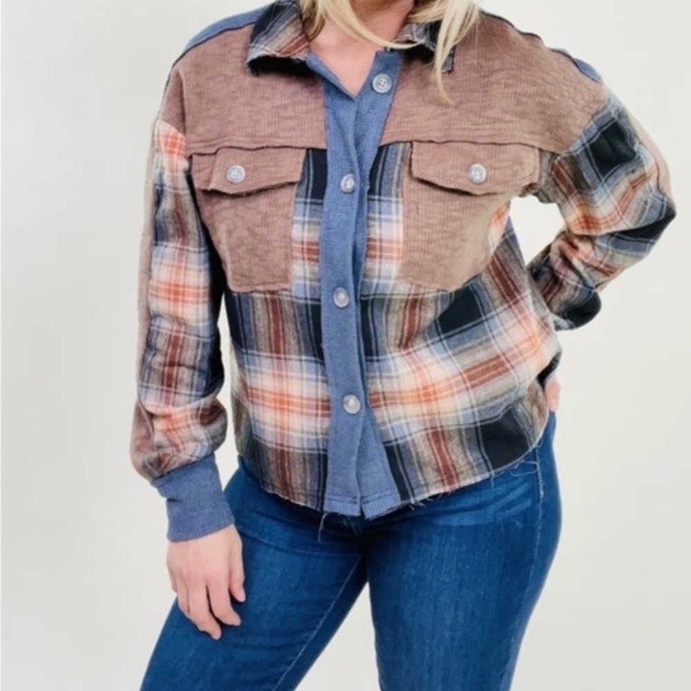 Oli & Hali Women's L Button Down Shirt‎ Multicolor Plaid Waffle Knit MT1544-2
